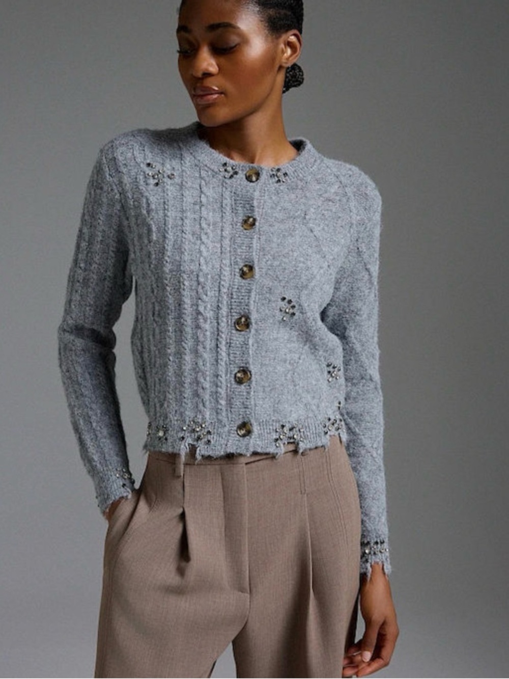 Zara Light Gray Beaded Cable-Knit Button Cardigan